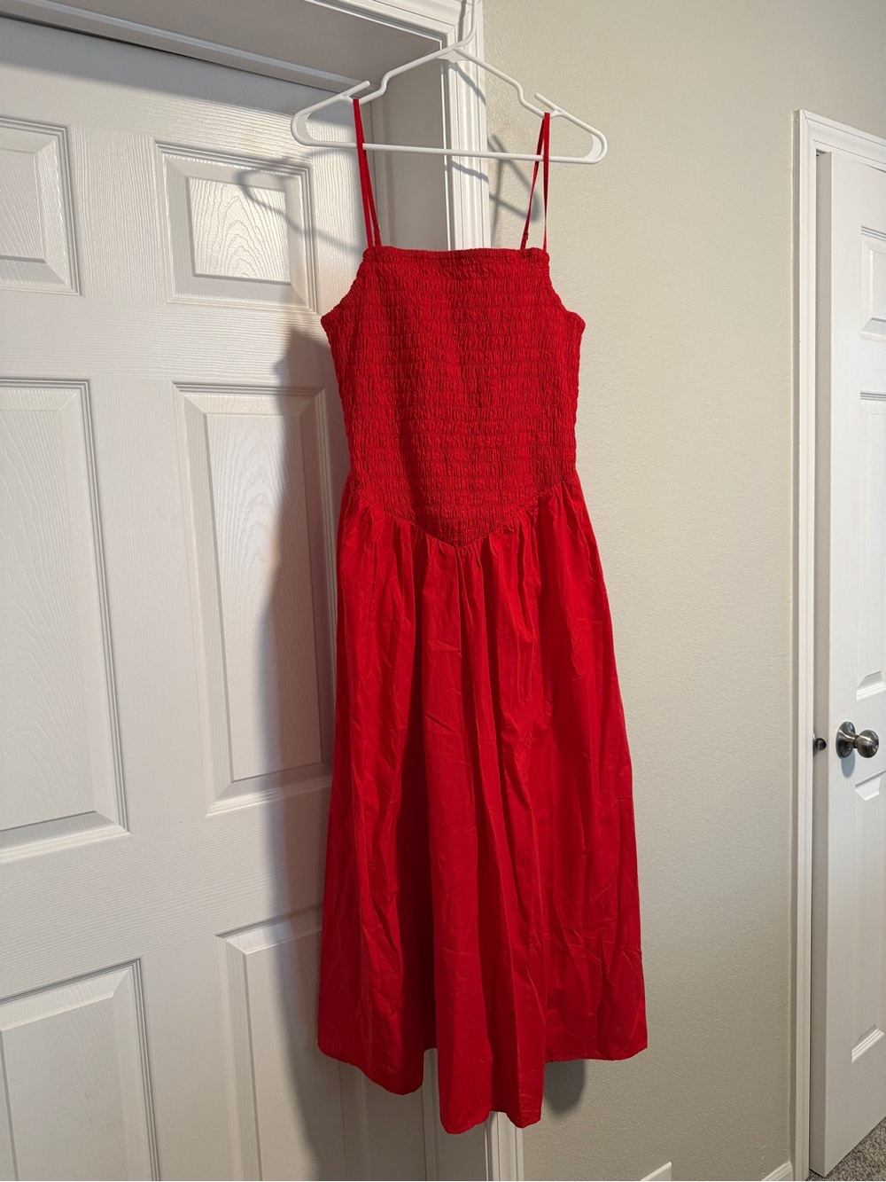 H&M Red Smocked Midi Dress with Spaghetti Straps